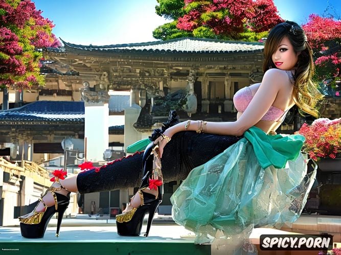 huge platform heels, pink shiny platform heels, busty japanese
