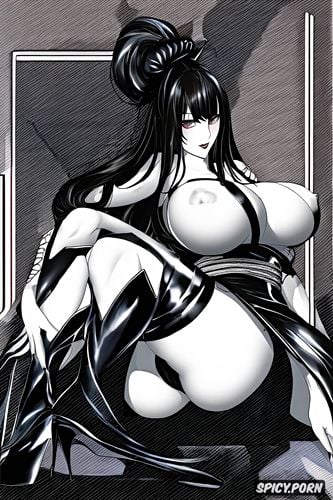 shiny, soft black lips, seducing, and massive big juicy breasts with perky hard nipples that are peaking through the kimono kuro wears black a pitch black kimono that slightly covers her oiled curvy divine body her shoes are long