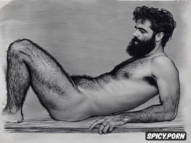 big penis, rough sketch, 35 yo, natural thick eyebrows, rough artistic nude sketch of bearded hairy man