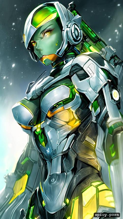 yellow and green colors, female, strong warrior robot, comprehensive cinematic