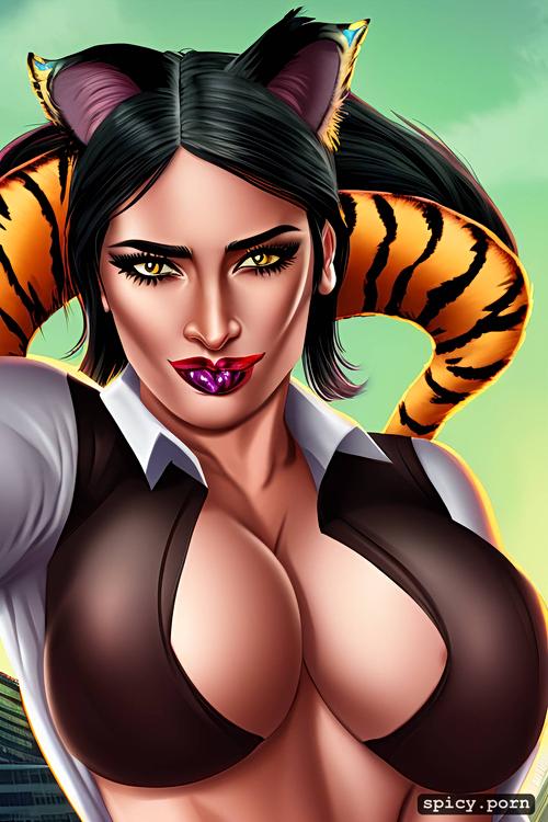 tiger tail, portrait, 1girl, gigantic breasts, cat eyes, short hair