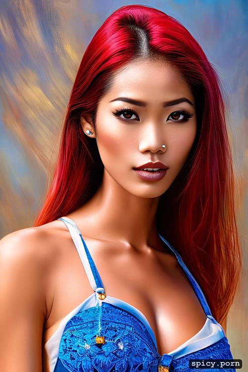 street, gorgeous face, medium tits, thai woman, red hair, 25 years