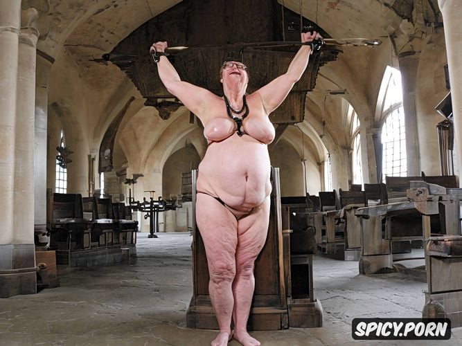 hanging low wrinkly breasts, bondage, cathedral, full body, fingers in pussy