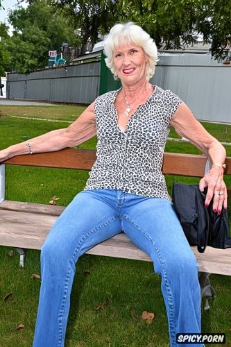 old skinny wrinkled granny wear detailed tight jeans cameltoe lips show crotch sit on bench outside show at bystanders
