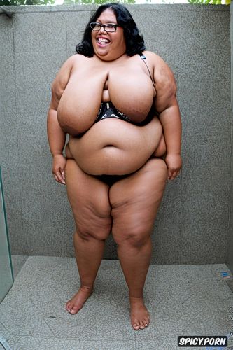 nude, shower, belly, black short bobcut hair massive saggy boobs
