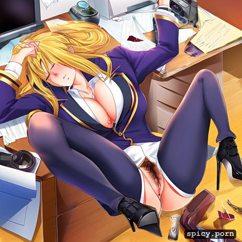 abusing her closed eyes, big boobs, passed out sleeping on the desk in the office
