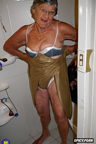 ninety something ginger granny wavey hair, wrinkled face, ugly plain face in bathroom she is showing off for young stud who stand outside bathroom and look through keyhole and jerks off exhibitionist granny