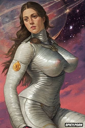 lunar landscape, wide hips, pink nipples, space age, female officer