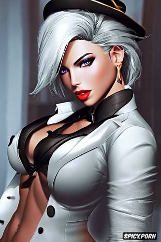 ultra detailed, ultra realistic, ashe overwatch black blazer white shirt shirt unbuttoned beautiful face full lips milf full body shot