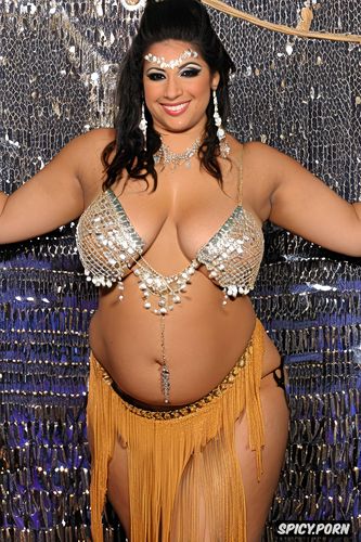 gorgeous voluptuous belly dancer, smiling, traditional piece belly dance costume