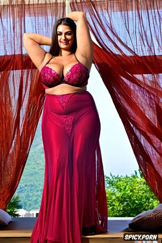 precise human anatomy, wearing a sheer red chiffon kurta leaving little to the imagination as it hugs her voluptuous body and exposes her cleavage