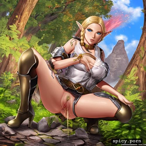 rpg theme, squatting, pointy ear, jaheira from baldur s gate in a forest squatting and peeing with her hairy pussy for all to see