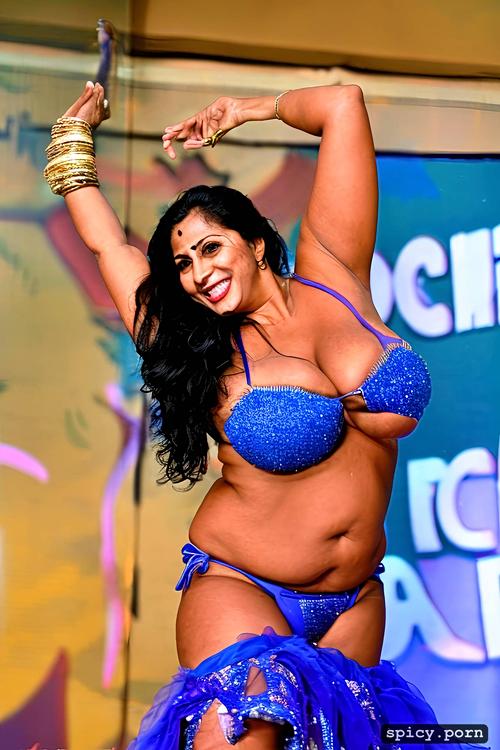 color photo, giant hanging boobs, performing on stage, intricate beautiful dancing costume with bikini top