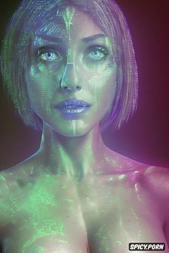 smirking, athletic, cortana from halo ce, abs, naked, holographic projection