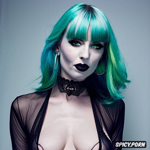heterochromia, looking at camera, right eye green, black lace gothic choker