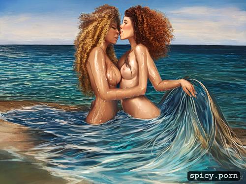 beachside, detailed, wet skin, 8k, lesbian, in water at the beach