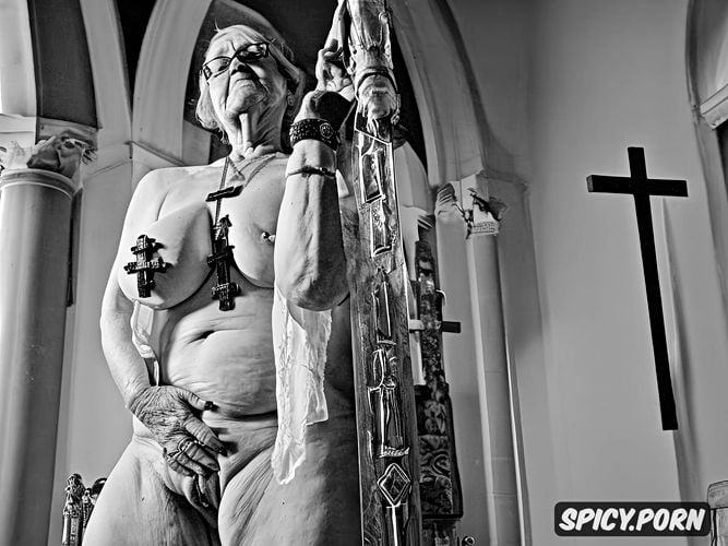 pussy jewels, cross necklace, flubby hanging belly, next to crucifix