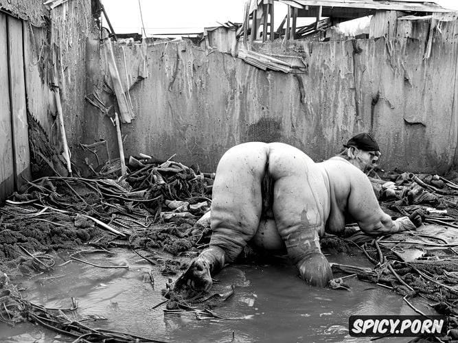 enormous ass, in mud pit, in filthy slum, short red hair, naked obese bbw granny