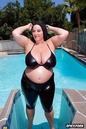 bbw beautiful woman with full of milk boobs, fat, raising her right hand