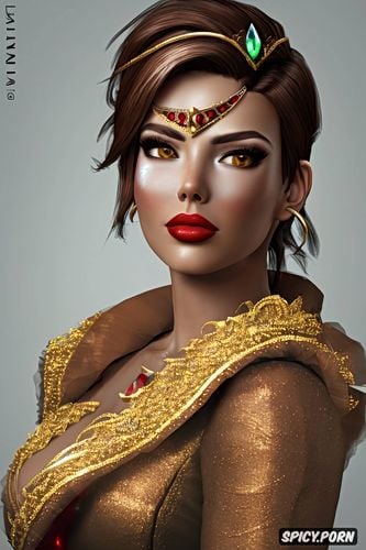 tracer overwatch beautiful face milf flowing low cut red ballgown gold and ruby tiara pouty portrait