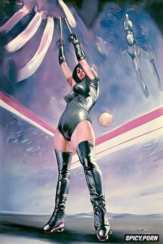 low angle shot, female officer, space age, pink nipples, large feet