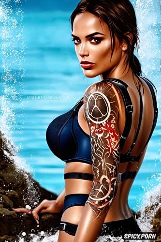 tattoos masterpiece, k shot on canon dslr, ultra detailed, lara croft tomb raider beautiful face young erotic dark blue lingerie