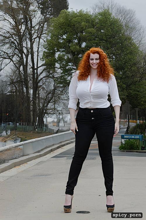 20 year old big boob skinny ginger woman with a massive amount of public hair happy after bukkake