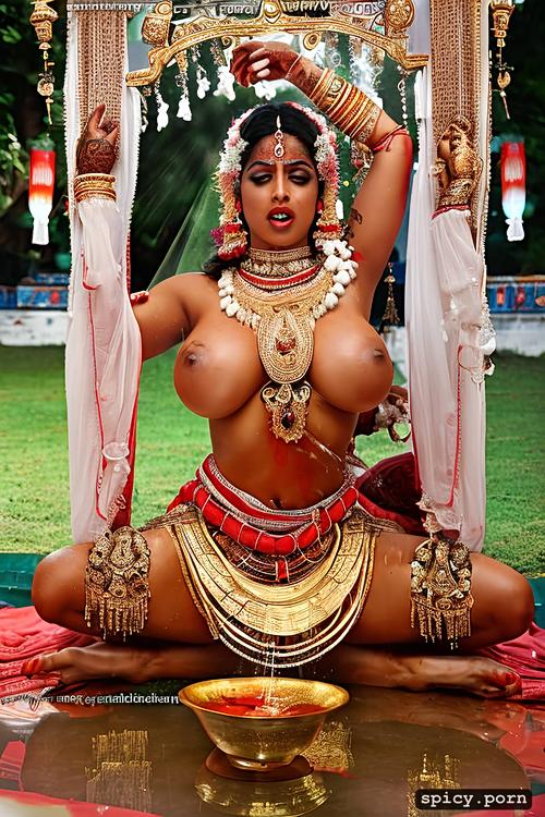 legs spread open, huge natural breasts, voluptuous figure, bride dancing in temple in indian classical dance forms