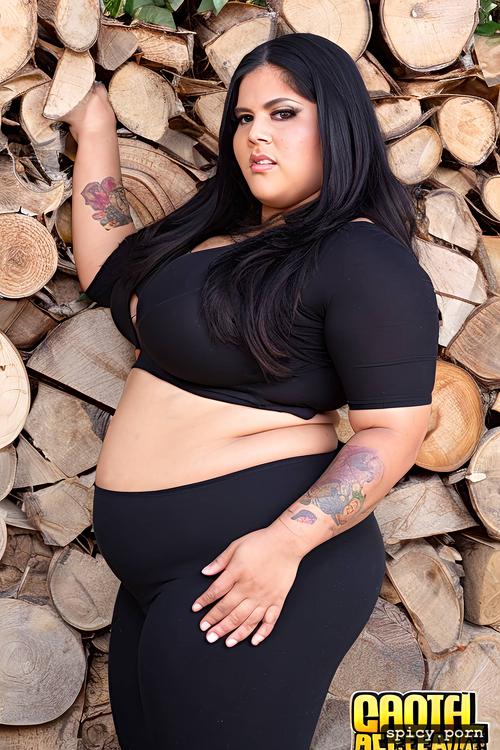 thick arms, tattoos, latina woman, double belly, large breasts