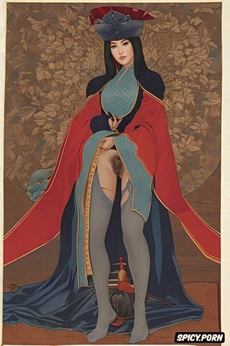 wearing red tunic, dimensional, gold frame, carpet texture, flat painting japanese woodblock print