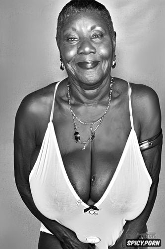 oversized boobs, ebony granny, portrait, good anatomy, visible from head to thighs