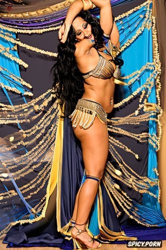 full body view, busty, beautiful belly dance costume, performing on stage