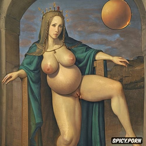 pregnant, spreading legs shows pussy, medieval, holding a ball