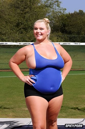 huge round fat belly, tight volleyball shorts, hair bun, blonde