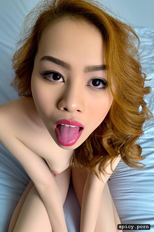 neutral background, curly blond hair, penis deep in mouth ejaculation on face gaping anus cheap hotel room