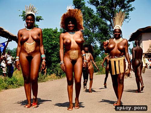 smiling, background of village bystanders, high quality, nude african native women in native headress and jewelry parading in the public street naked in public