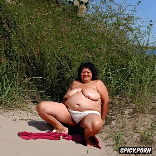 sagging fat belly, spreading legs, front view at beach, small breasts
