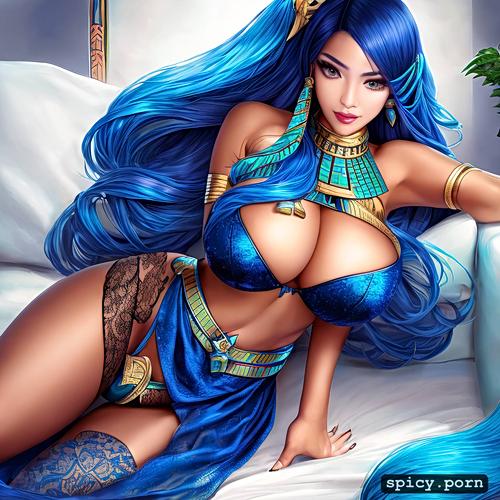 deep blue hair, egyptian woman candace, candace, big boobs, candace from genshin impact