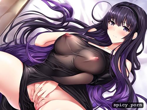 very long hair, dark purple hairband, black hair, black dress