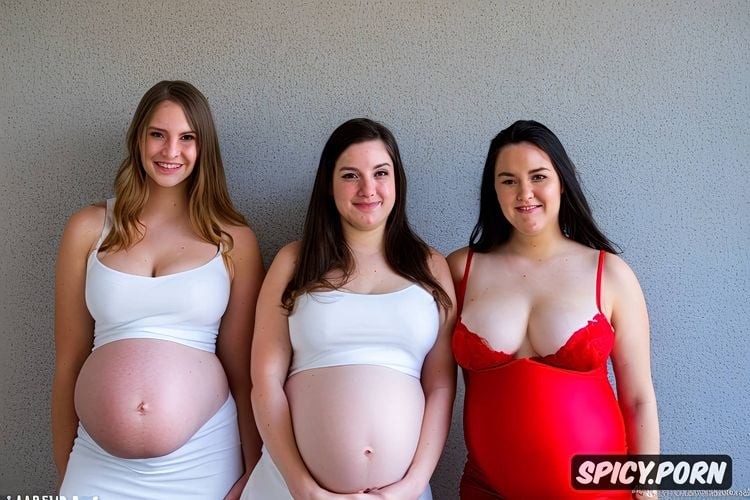 youngest, in front of gray wall, rear view, debutante, wearing tight minidress large pregnant belly