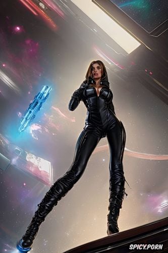 beautiful face, muscular, space age, female officer, playing electric guitar