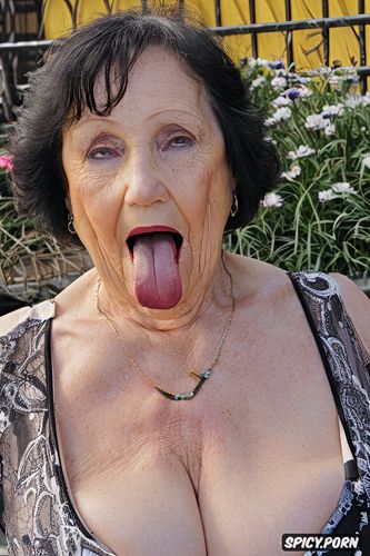 naked, granny, coherent, middle shot, centered, caucasian, sticking out tongue