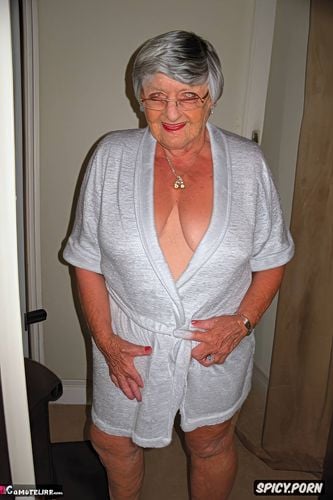 and high heels, short, very classy sexy old granny, lots of wrinkles