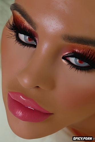 glossy lips, orange tan, pov, eye contact, false eyelashes, pink lipstick