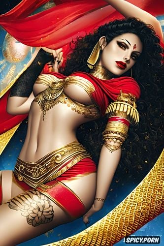 golden crown, multiple arms, god, white body, red sari, cute and beautiful face
