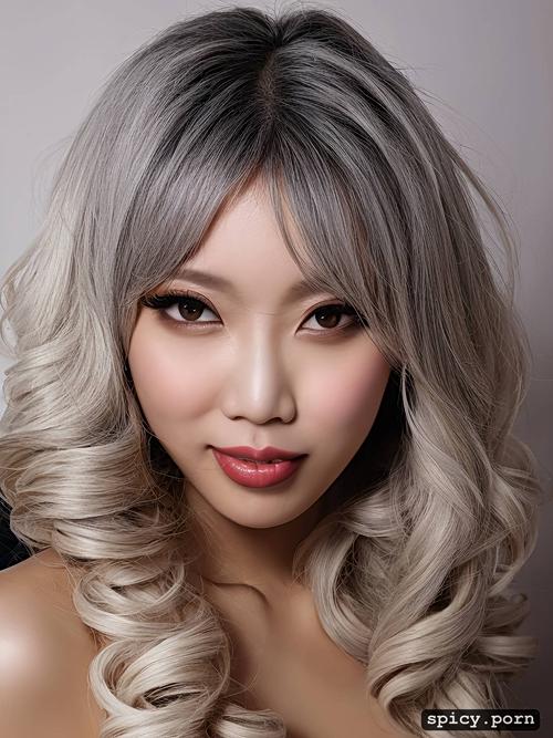 grey hair, medium build, large boobs, gothic, 26 yo, korean