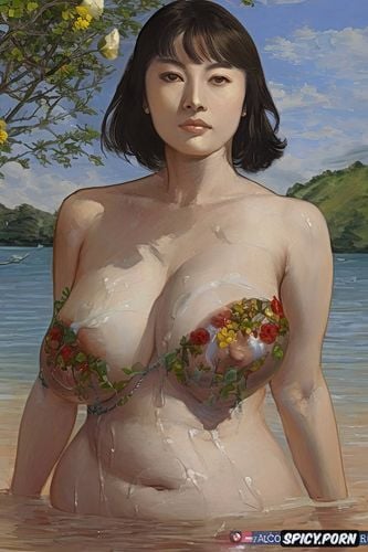 roses, glistening skin, elderly japanese woman with small drooping tits