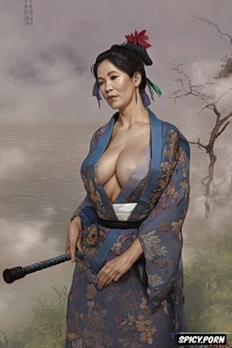 lifting one knee, ilya repin painting, torn kimono, smokey, steam