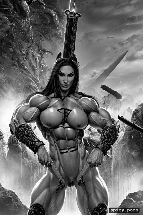 sword, nude muscle woman surrounded by evil monster, full body view