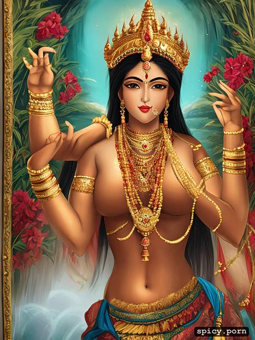realistic beautiful hindu goddess tripura sundari with multiple hands